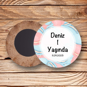 Mavi Pembe Macaron Desen Temalı Daire Ahşap Magnet