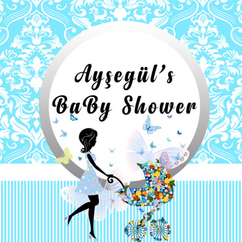 Mavi Zeminli Bebek Arabalı Baby Shower Temalı Afiş