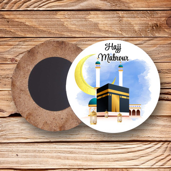 Mekke ile Kabe Temalı Daire Ahşap Magnet