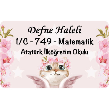 Melek Kanatlı Çiçekli Kedi Temalı Defter Etiketi