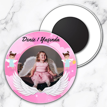 Melek Kanatlı Pembe Temalı Resimli Daire Plastik Magnet