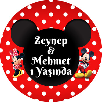 Mickey ile Minnie Mouse İkiz Temalı Akrilik Daire Magnet