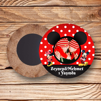 Mickey ile Minnie Mouse İkiz Temalı Daire Ahşap Magnet