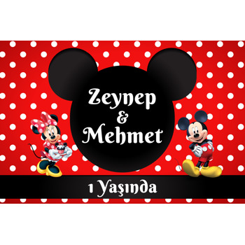 Mickey İle Minnie Mouse İkiz Temalı Doğum Günü Afiş