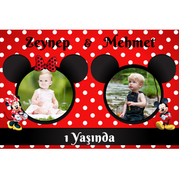 Mickey İle Minnie Mouse İkiz Temalı Doğum Günü Plastik Magnet