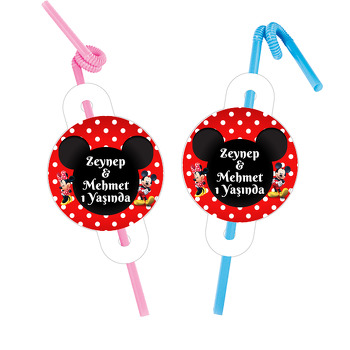 Mickey ile Minnie Mouse İkiz Temalı Pipet ve Kartı