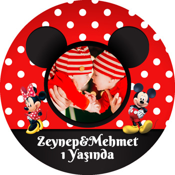 Mickey ile Minnie Mouse İkiz Temalı Resimli Akrilik Daire Magnet