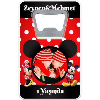 Mickey İle Minnie Mouse İkiz Temalı Resimli Dikdörtgen Magnet Açacak