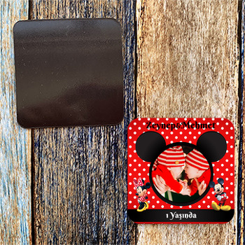 Mickey ile Minnie Mouse İkiz Temalı Resimli Doğum Günü Magnet