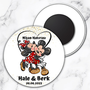 Mickey ile Minnie Mouse ve Kalp Kuyruklar Temalı Daire Plastik Magnet