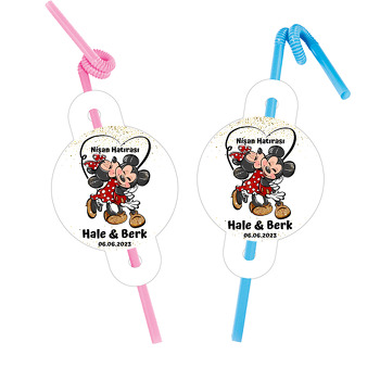 Mickey ile Minnie Mouse ve Kalp Kuyruklar Temalı Pipet ve Kartı