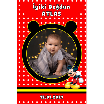 Mickey Mouse Çerçeve ile Kırmızı Puantiye Temalı Doğum Günü Magnet