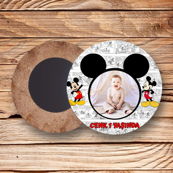 Mickey Mouse Çizgi Roman Fon Temalı Daire Ahşap Magnet