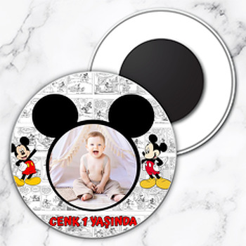 Mickey Mouse Çizgi Roman Fon Temalı Daire Plastik Doğum Günü Magnet