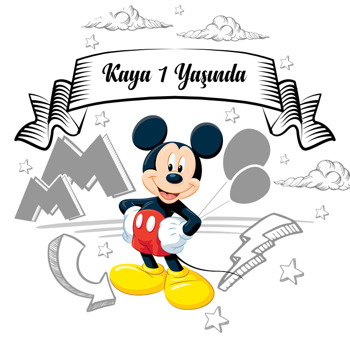 Mickey Mouse Gri Çizgisel Fon Temalı Akrilik Daire Magnet