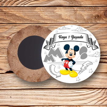 Mickey Mouse Gri Çizgisel Fon Temalı Daire Ahşap Magnet