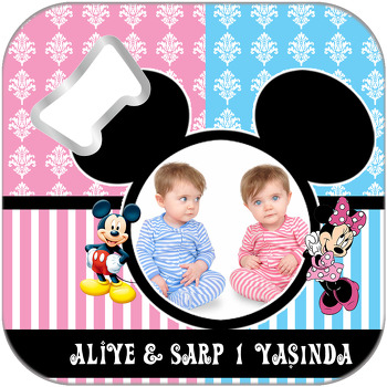 Mickey Mouse İkiz Temalı Kare Magnet Açacak