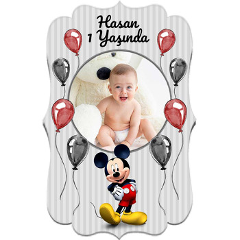 Mickey Mouse ile Gri Çizgili Fon Temalı Özel Kesim Magnet