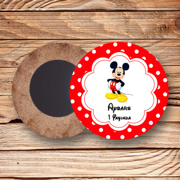 Mickey Mouse Kırmızı Fon Beyaz Puantiye Temalı Daire Ahşap Magnet