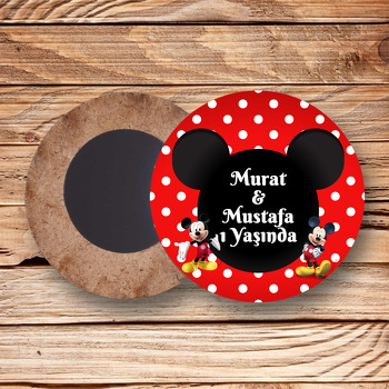 Mickey Mouse Kırmızı Fonda İkiz Temalı Daire Ahşap Magnet