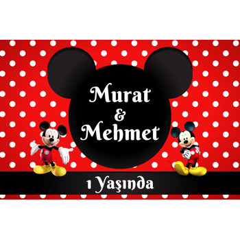 Mickey Mouse Kırmızı Fonda İkiz Temalı Doğum Günü Afiş