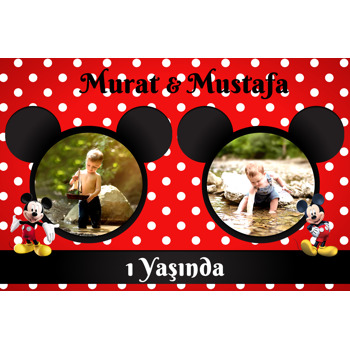 Mickey Mouse Kırmızı Fonda İkiz Temalı Doğum Günü Magnet