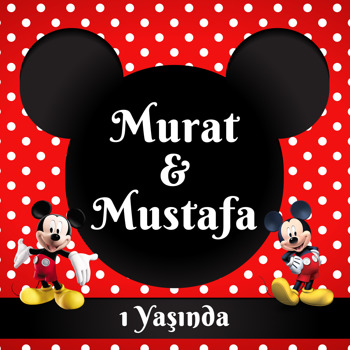 Mickey Mouse Kırmızı Fonda İkiz Temalı Kare Doğum Günü Parti Afiş