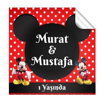 Mickey Mouse Kırmızı Fonda İkiz Temalı Kare Parti Etiket