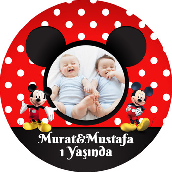 Mickey Mouse Kırmızı Fonda İkiz Temalı Resimli Akrilik Daire Magnet