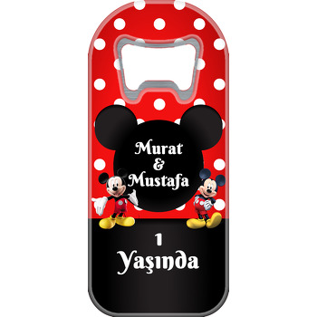 Mickey Mouse Kırmızı Fonda İkiz Temalı Uzun Doğum Günü Magnet Açacak