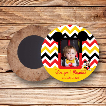 Mickey Mouse Sarı Temalı Daire Ahşap Magnet