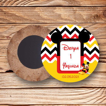 Mickey Mouse Sarı Temalı Daire Ahşap Magnet