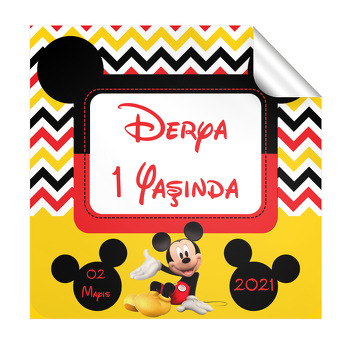 Mickey Mouse Sarı Temalı Kare Parti Etiket