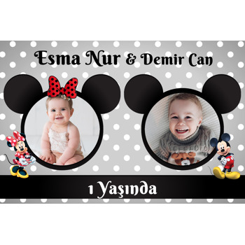 Mickey ve Minnie Mouse Gri Fon Temalı Doğum Günü Magnet