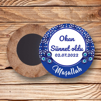 Minik Çiçekli Çini Desen ile Nazarlıklı Sünnet Temalı Daire Ahşap Magnet