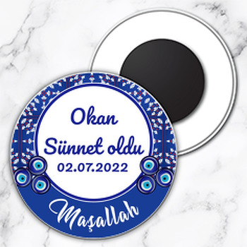 Minik Çiçekli Çini Desen ile Nazarlıklı Sünnet Temalı Daire Plastik Magnet