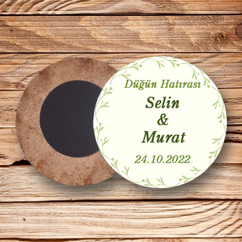 Minimal Yeşil Dallar ile Krem Fon Temalı Daire Ahşap Magnet