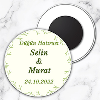 Minimal Yeşil Dallar ile Krem Fon Temalı Daire Plastik Magnet