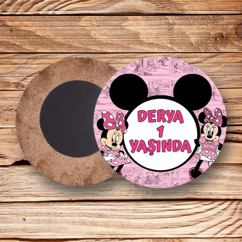 Minnie Mouse Çizgi Roman Fon Temalı Daire Ahşap Magnet