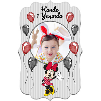 Minnie Mouse ile Gri Çizgili Fon Temalı Özel Kesim Magnet