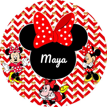 Minnie Mouse ile Zigzag Kırmızı Fon Temalı Akrilik Daire Magnet