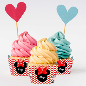 Minnie Mouse ile Zigzag Kırmızı Fon Temalı Cupcake Sargısı