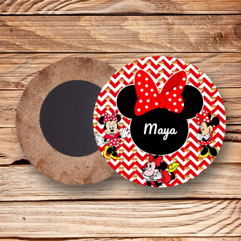 Minnie Mouse ile Zigzag Kırmızı Fon Temalı Daire Ahşap Magnet