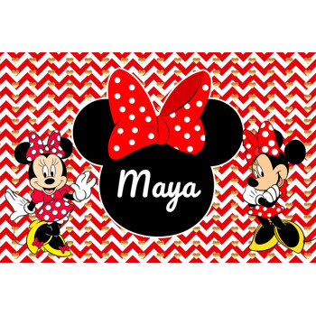 Minnie Mouse ile Zigzag Kırmızı Fon Temalı Doğum Günü Afiş