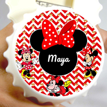 Minnie Mouse ile Zigzag Kırmızı Fon Temalı Kapak Şekilli Magnet Açacak