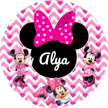 Minnie Mouse ile Zigzag Pembe Fon Temalı Akrilik Daire Magnet