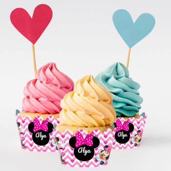 Minnie Mouse ile Zigzag Pembe Fon Temalı Cupcake Sargısı