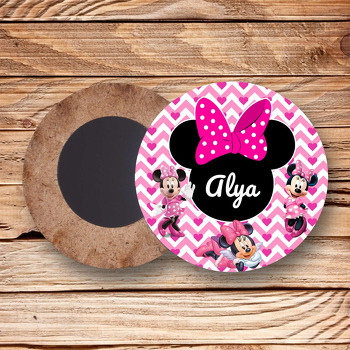 Minnie Mouse ile Zigzag Pembe Fon Temalı Daire Ahşap Magnet