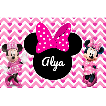 Minnie Mouse ile Zigzag Pembe Fon Temalı Doğum Günü Afiş