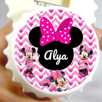 Minnie Mouse ile Zigzag Pembe Fon Temalı Kapak Şekilli Magnet Açacak